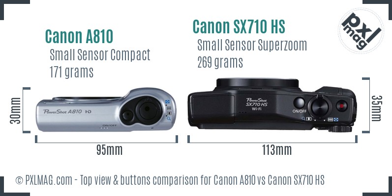 Canon A810 vs Canon SX710 HS top view buttons comparison