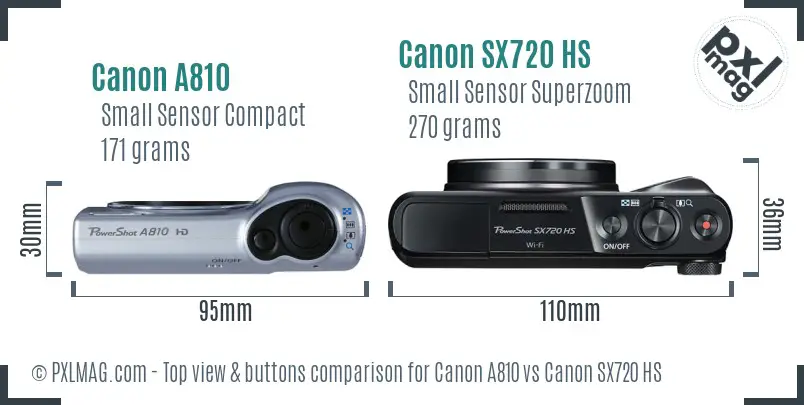 Canon A810 vs Canon SX720 HS top view buttons comparison
