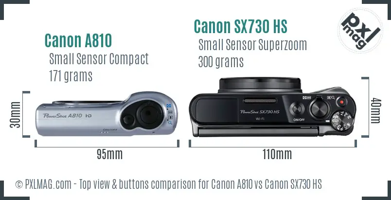 Canon A810 vs Canon SX730 HS top view buttons comparison