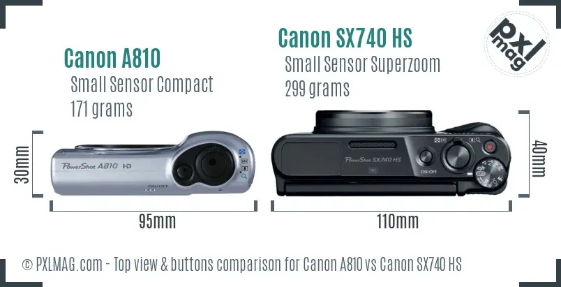 Canon A810 vs Canon SX740 HS top view buttons comparison