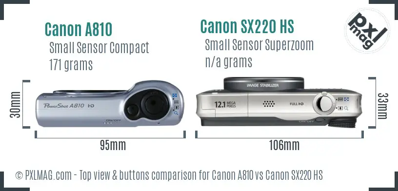 Canon A810 vs Canon SX220 HS top view buttons comparison