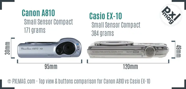 Canon A810 vs Casio EX-10 top view buttons comparison