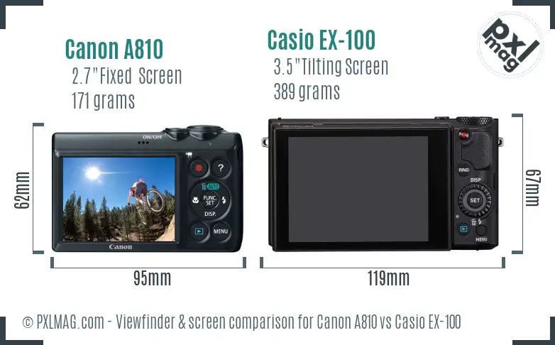 Canon A810 vs Casio EX-100 Screen and Viewfinder comparison