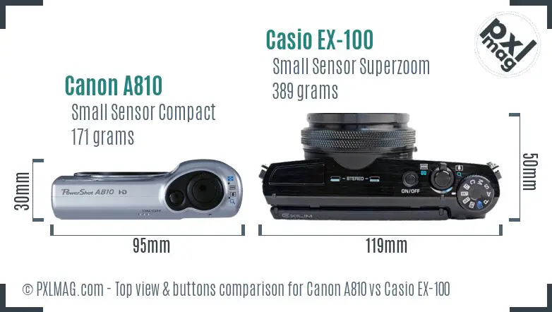 Canon A810 vs Casio EX-100 top view buttons comparison