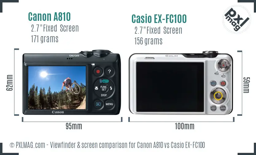 Canon A810 vs Casio EX-FC100 Screen and Viewfinder comparison