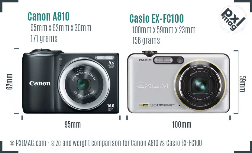 Canon A810 vs Casio EX-FC100 size comparison