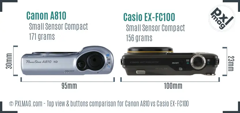 Canon A810 vs Casio EX-FC100 top view buttons comparison