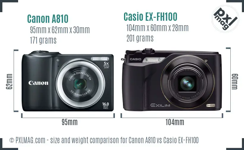 Canon A810 vs Casio EX-FH100 size comparison