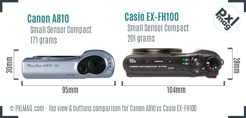 Canon A810 vs Casio EX-FH100 top view buttons comparison