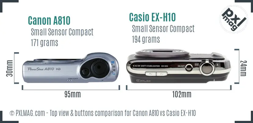 Canon A810 vs Casio EX-H10 top view buttons comparison