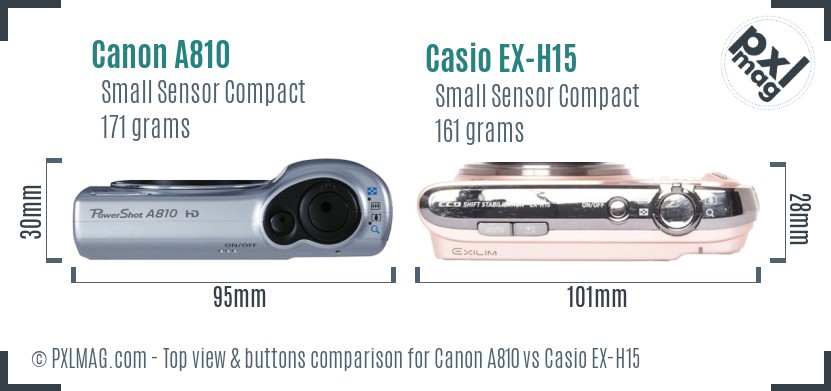 Canon A810 vs Casio EX-H15 top view buttons comparison