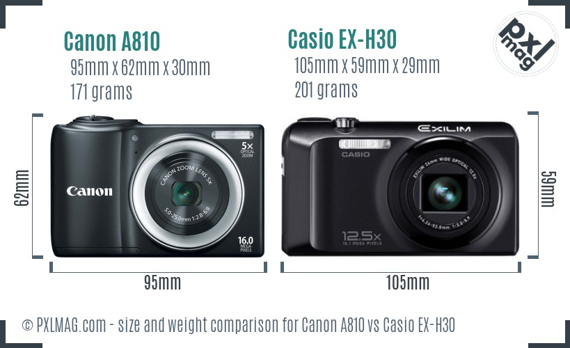 Canon A810 vs Casio EX-H30 size comparison