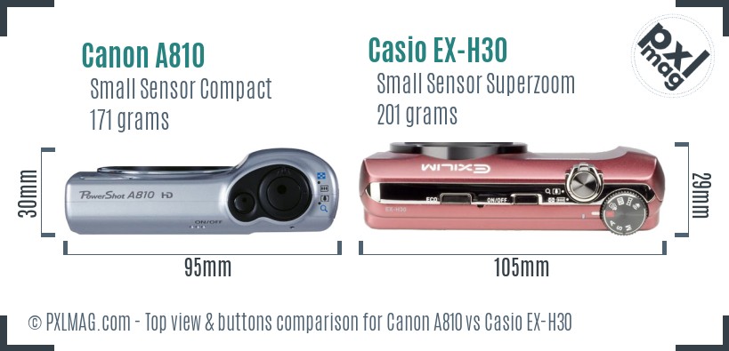 Canon A810 vs Casio EX-H30 top view buttons comparison
