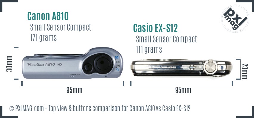 Canon A810 vs Casio EX-S12 top view buttons comparison