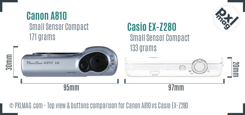 Canon A810 vs Casio EX-Z280 top view buttons comparison