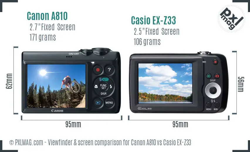 Canon A810 vs Casio EX-Z33 Screen and Viewfinder comparison