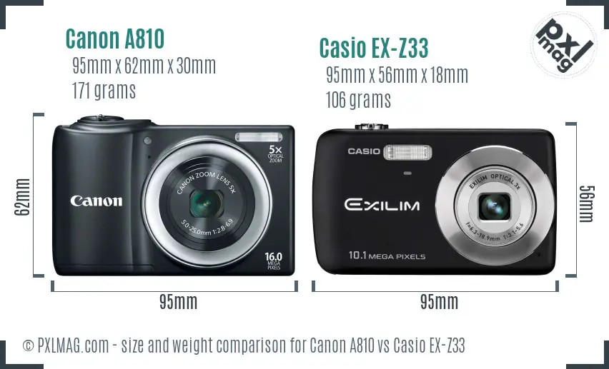 Canon A810 vs Casio EX-Z33 size comparison