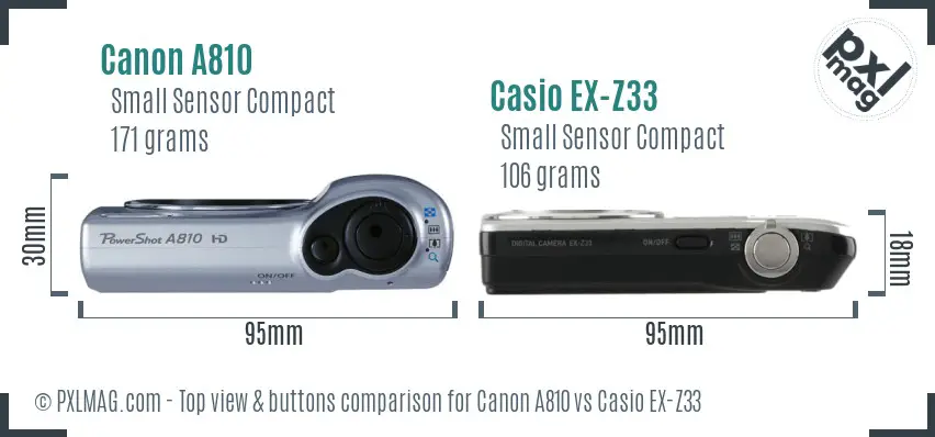 Canon A810 vs Casio EX-Z33 top view buttons comparison