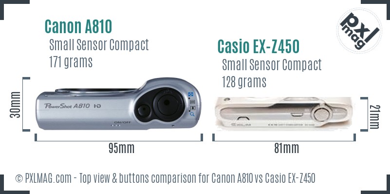Canon A810 vs Casio EX-Z450 top view buttons comparison