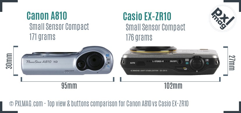 Canon A810 vs Casio EX-ZR10 top view buttons comparison