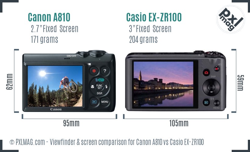 Canon A810 vs Casio EX-ZR100 Screen and Viewfinder comparison