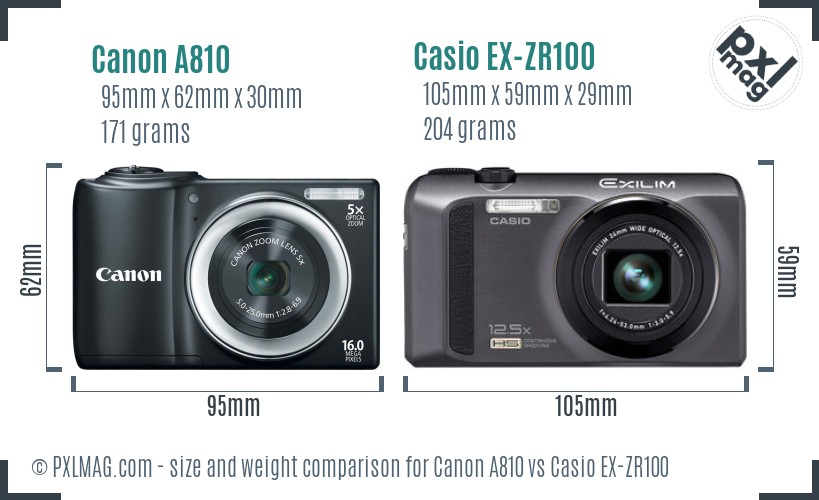 Canon A810 vs Casio EX-ZR100 size comparison Canon A810 vs Casio EX-ZR100 size comparison