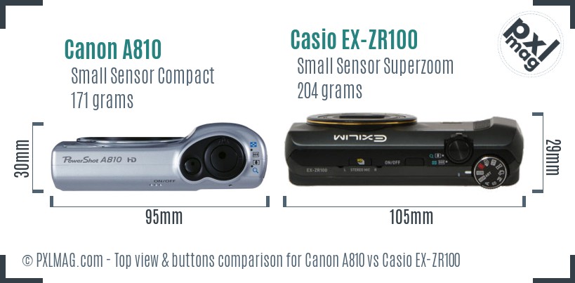 Canon A810 vs Casio EX-ZR100 top view buttons comparison