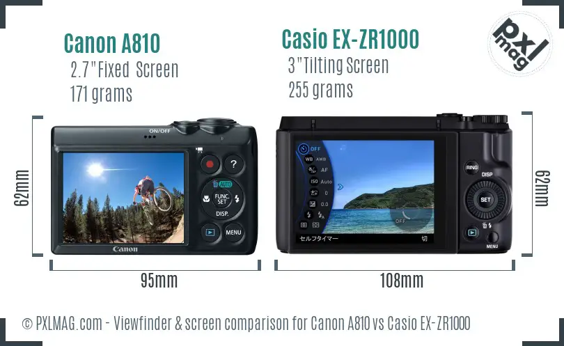 Canon A810 vs Casio EX-ZR1000 Screen and Viewfinder comparison