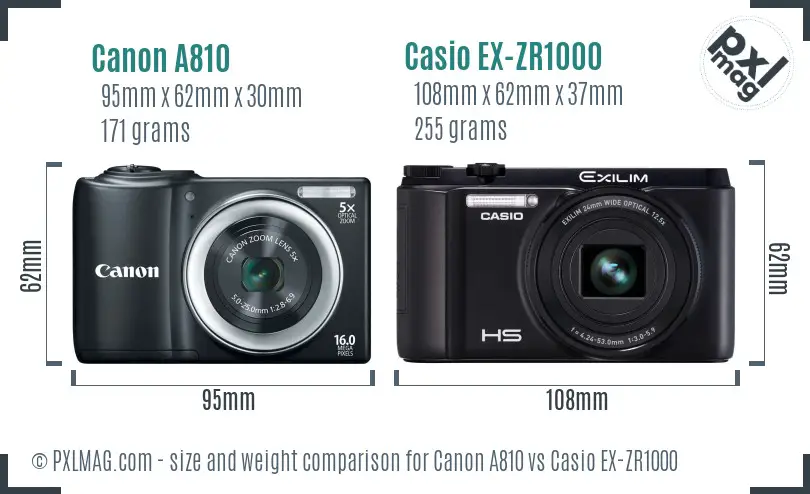 Canon A810 vs Casio EX-ZR1000 size comparison