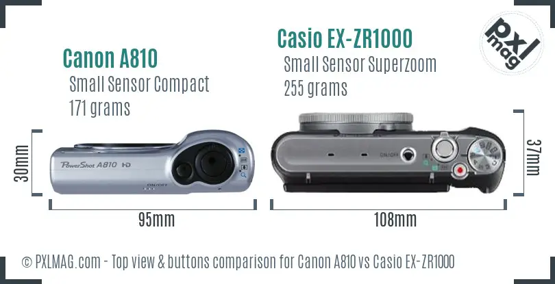 Canon A810 vs Casio EX-ZR1000 top view buttons comparison