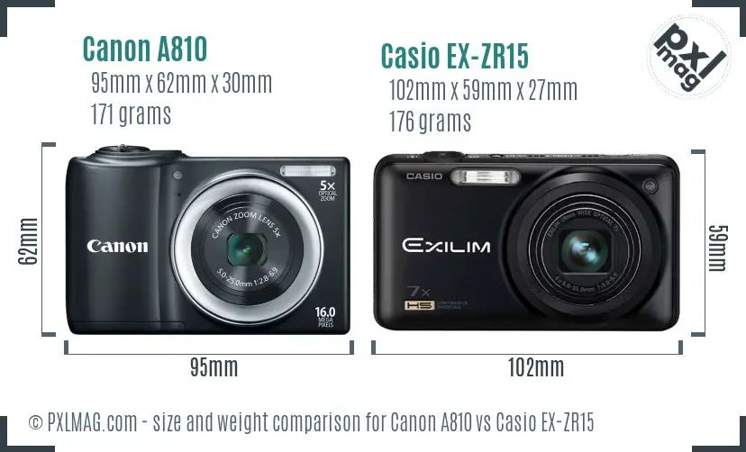 Canon A810 vs Casio EX-ZR15 size comparison