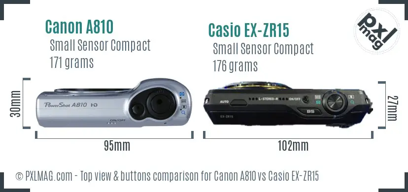 Canon A810 vs Casio EX-ZR15 top view buttons comparison