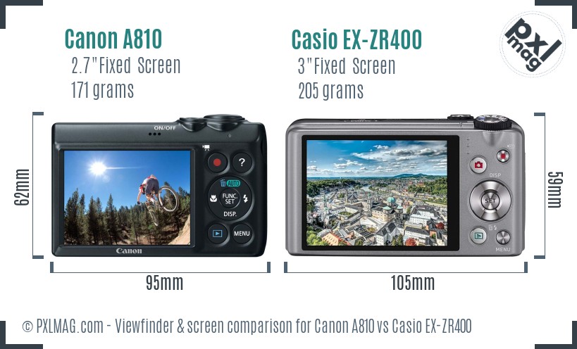 Canon A810 vs Casio EX-ZR400 Screen and Viewfinder comparison