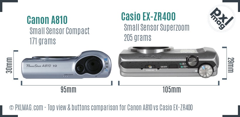 Canon A810 vs Casio EX-ZR400 top view buttons comparison
