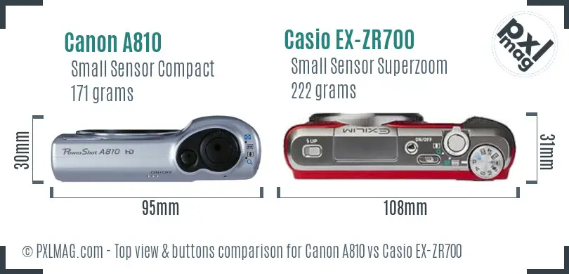 Canon A810 vs Casio EX-ZR700 top view buttons comparison Canon A810 vs Casio EX-ZR700 top view buttons comparison