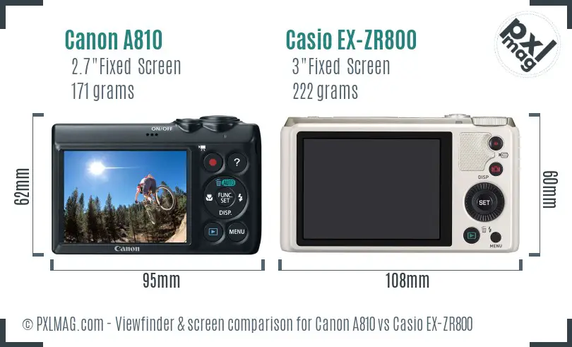 Canon A810 vs Casio EX-ZR800 Screen and Viewfinder comparison