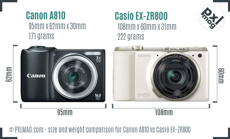 Canon A810 vs Casio EX-ZR800 size comparison