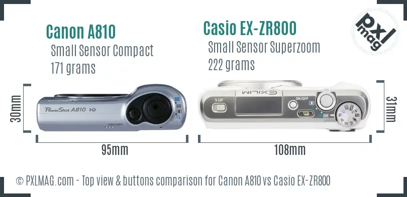 Canon A810 vs Casio EX-ZR800 top view buttons comparison