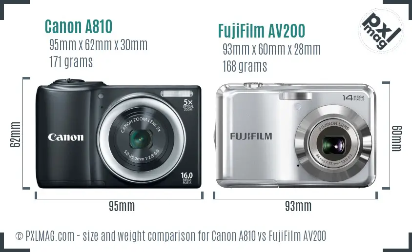 Canon A810 vs FujiFilm AV200 size comparison