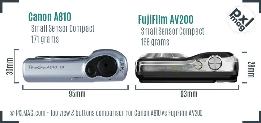 Canon A810 vs FujiFilm AV200 top view buttons comparison