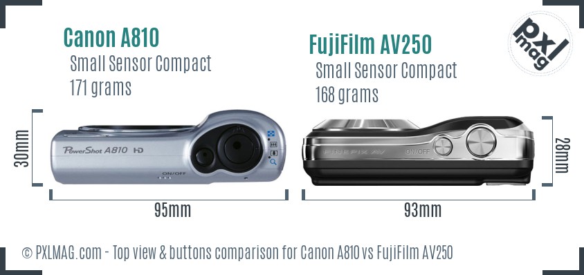 Canon A810 vs FujiFilm AV250 top view buttons comparison