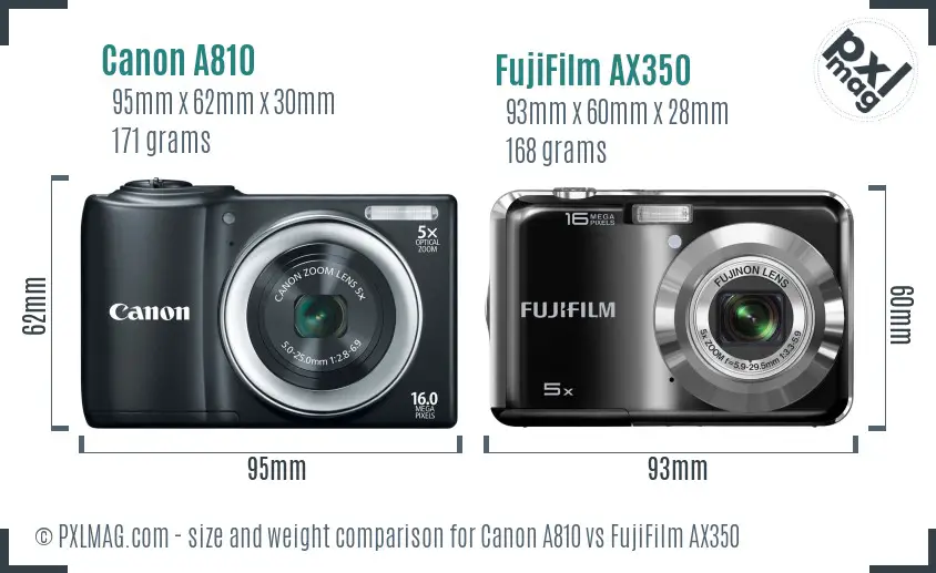 Canon A810 vs FujiFilm AX350 size comparison