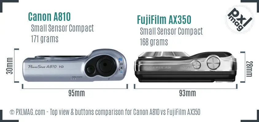 Canon A810 vs FujiFilm AX350 top view buttons comparison