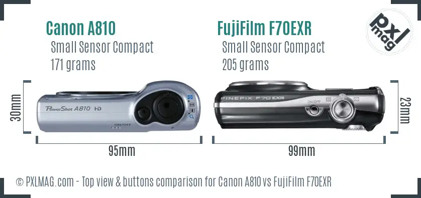 Canon A810 vs FujiFilm F70EXR top view buttons comparison