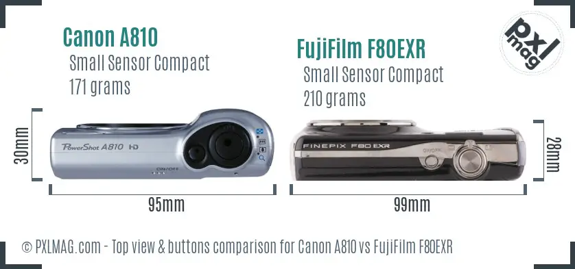Canon A810 vs FujiFilm F80EXR top view buttons comparison Canon A810 vs FujiFilm F80EXR top view buttons comparison