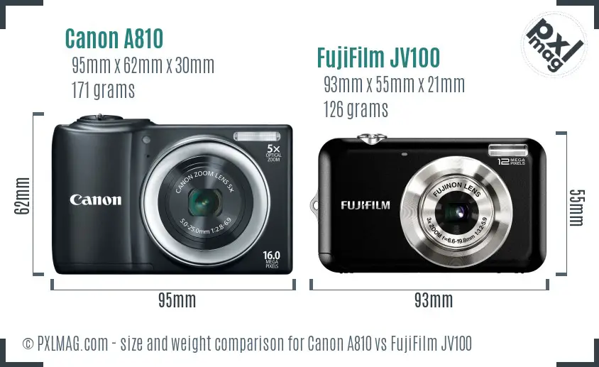 Canon A810 vs FujiFilm JV100 size comparison