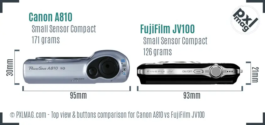Canon A810 vs FujiFilm JV100 top view buttons comparison