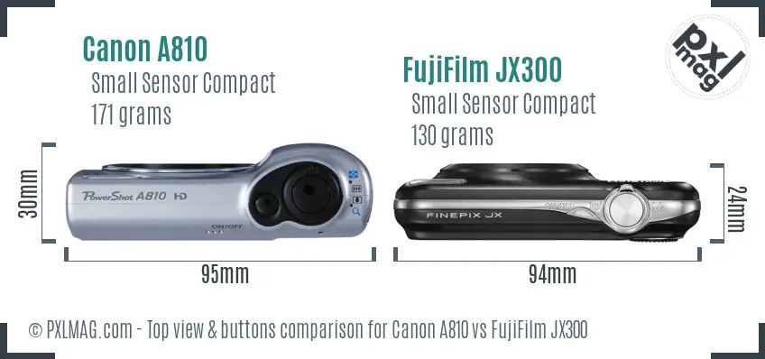 Canon A810 vs FujiFilm JX300 top view buttons comparison Canon A810 vs FujiFilm JX300 top view buttons comparison