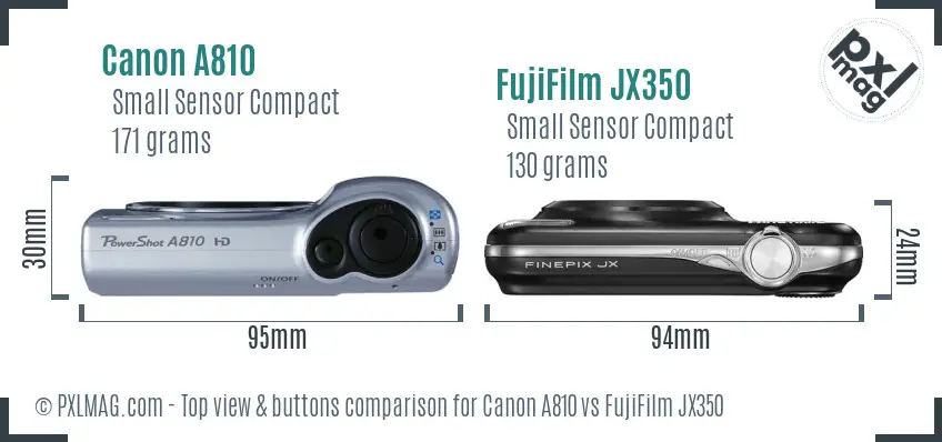 Canon A810 vs FujiFilm JX350 top view buttons comparison