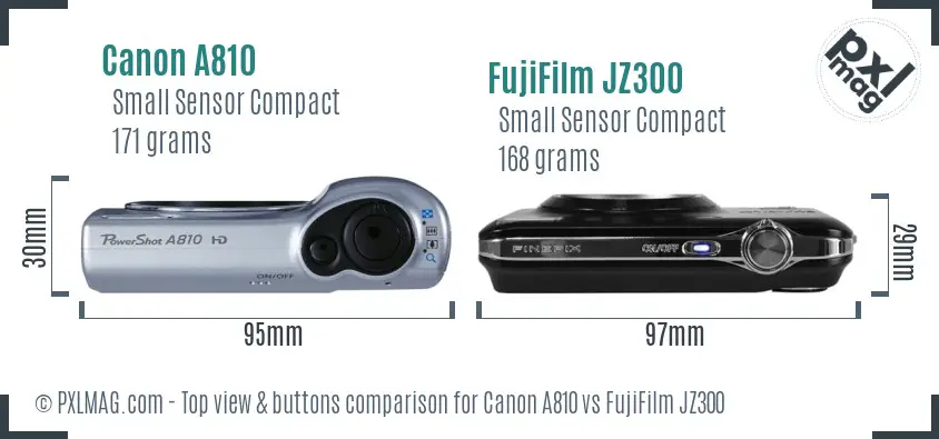 Canon A810 vs FujiFilm JZ300 top view buttons comparison